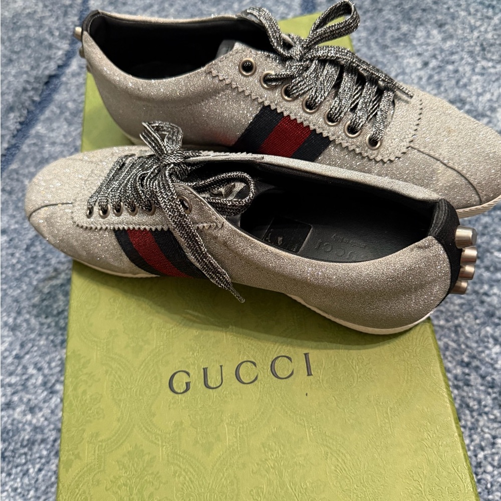Gucci Silver Glitter Sneakers with Red and Black Stripes